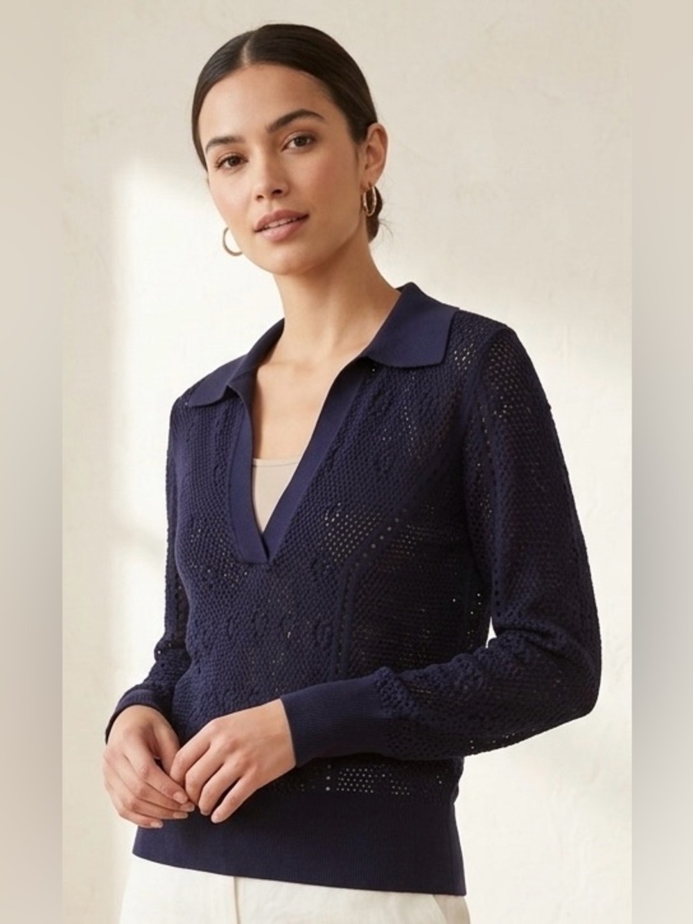 White House Black Market Navy Crochet Knit Polo V-Neck Collared Sweater Small